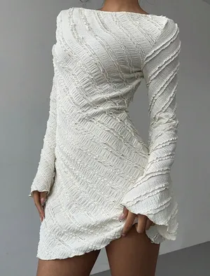 Pure White Textured Asymmetric Off-Shoulder Long Sleeve Dress thumbnail 2