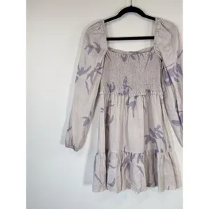 Aritzia Babaton Dress Gray Mini Floral Organic Linen Smocked Babydoll Boho Small thumbnail 8