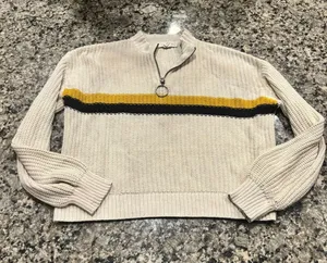 Treasure & Bond Ivory Knit 1/4 Zip Stripe Crop Sweater Size M thumbnail 1