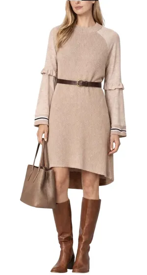 Free People Zou Bisou Sweater Dress Beige Ruffle Sleeve M‎ NWT Boho Chic thumbnail 1