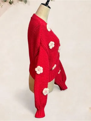 Red V-Neck Floral Appliqué Knit Cardigan Sweater thumbnail 5