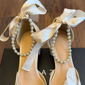 Azazie Cream Heels with Bow and Pearl Accent thumbnail 9
