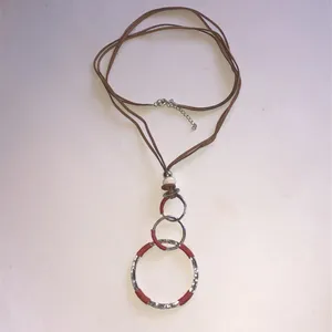 Silver Tone & Coral Red Triple Ring Boho Pendant Necklace thumbnail 2