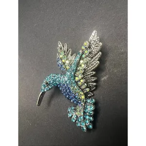 Blue Aqua Silver Tone Rhinestone Hummingbird Pin Brooch thumbnail 3