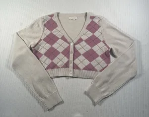 Aeropostale Women’s Large Cropped Cardigan Argyle Pink Beige Button Front Preppy thumbnail 1