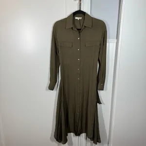 Vince olive green button front‎ tie front asymmetric hemline shirtdress size xs thumbnail 2