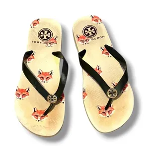 Tory Burch Fox Print‎ Flip Flops Womens 12 Cream Thong Sandals Logo Summer Beach thumbnail 1