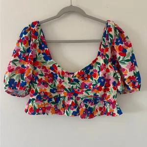 FORE Vibrant Floral Puff Sleeve Indie Peplum Fairycore Crop Top size medium thumbnail 3