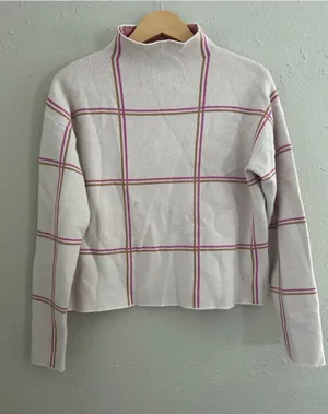 Tahari Cream Plaid Mock Neck Sweater with Pink Trim Fall Pastel Preppy Small thumbnail 1