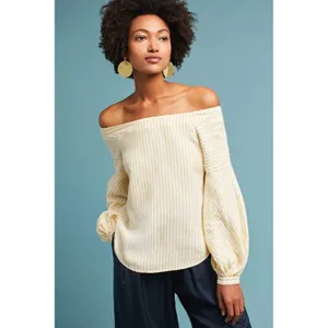 Maeve Anthropologie Clotille Off Shoulder Blouse Yellow Stripe Linen Blend Sz 14 thumbnail 2