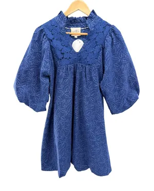 Umgee Blue Leaf Jacquard Puff Sleeve Lace Trim Babydoll Mini Dress S NEW Cottage thumbnail 1