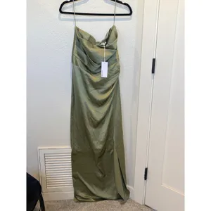 Reformation Barrow Silk Dress Artichoke Green Strapless Maxi Slit Size 8 NWT thumbnail 5