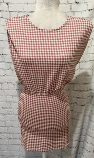 ZARA Women's Pink White Gingham Mini Dress Puff Shoulder Sleeveless Size Small thumbnail 1