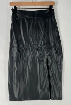 Shein Elegant Black Faux Leather High‎ Rise Front Skit Women's Midi Pencil Skirt thumbnail 1