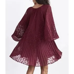 Anthropologie Toulon Pleated Bell Sleeve Mini Dress x Small Burgundy Boho xs NWT thumbnail 2