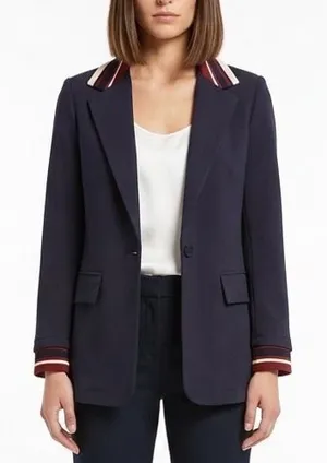 Womens Blazer Jacket Small Navy Blue Striped Trim Notch Lapel Single Breasted thumbnail 1