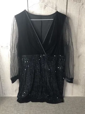 Black Velvet and Sequin Mini Dress Sheer Mesh Long Sleeve V-Neck Party Cocktail thumbnail 1