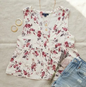 American Eagle Floral Peplum Tank Top Cream Red Button Front Sleeveless Blouse M thumbnail 1