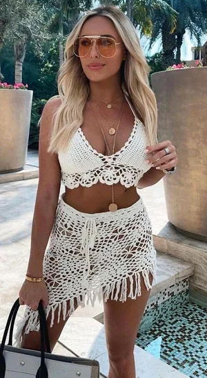 Crochet Two Piece Beach Set Size Small White thumbnail 1