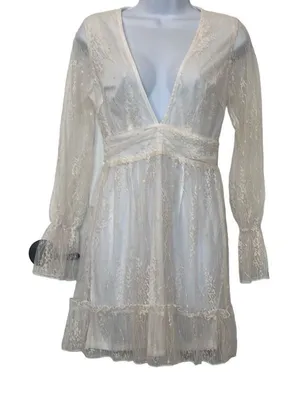 PrettyLittleThing White Lace Deep Plunge Ruffle Dress‎ Prom Bachelorette Party thumbnail 1