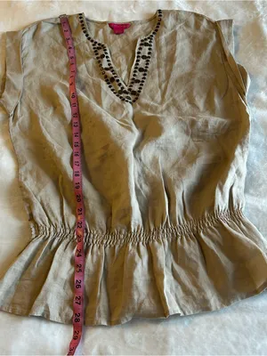 Sunny Leigh tan linen v-neck tunic drop waist peplum size L coastal boho casual thumbnail 8