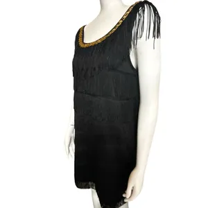 Women's Black Flapper Dress with Gold Sequin Neck Trim and Tiered Fringe thumbnail 2