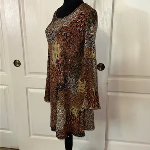 MSK PATCHWORK PEACOCK PIPED FEATHERED BELL SLEEVE DRESS Brown thumbnail 2