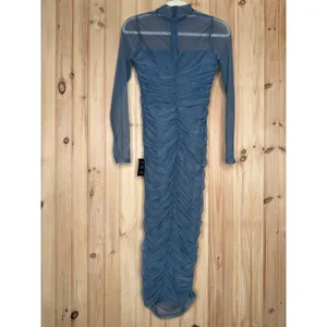 NWT Lulus Impressive Flirt Slate Blue Mesh Ruched Mock Neck Midi Dress Size S thumbnail 6