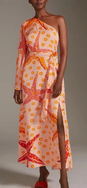 Farm Rio Summer One Shoulder Star Fish Orange‎ Midi Dress Resort Beach Vacation thumbnail 1
