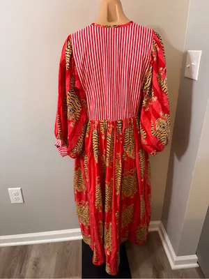 Bohemian Tiger Tigress Stripe Midi Dress 100% cotton made in India Red thumbnail 4
