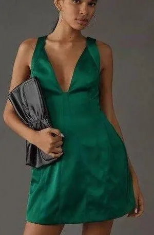 Anthropologie Green Sleeveless Plunge Satin Mini Holiday Cocktail Dress Size 10 thumbnail 1
