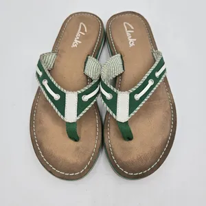 Clarks Sandals Womens 5 M Flo Cherrymore Slip On Thong Flip Flops Green White thumbnail 2