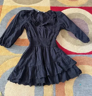 Zara Women Black Very Mini Short 3/4 Sleeve Ruffle Dress Eyelet Women’s Medium thumbnail 1