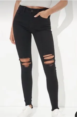 American Eagle Dream Jean Hi-Rise Jegging Distressed Raw Hem Black Skinny Jeans thumbnail 1