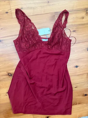 NWT south moon under Georgie Burgundy Lace-Trim Satin slip mini dress thumbnail 3