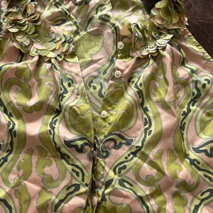 J. Crew Silk Pink and Green Medallion Patterned Sleeveless Petal Ruffle Neck Top thumbnail 3