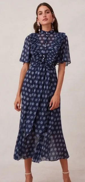 KEEPSAKE THE LABEL |‎ Navy Polka Dot Ruffle Pleated Passion Midi Dress, Size 4 thumbnail 1