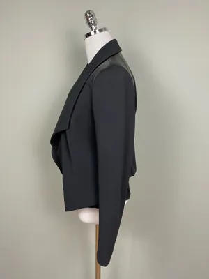 WHBM Black Draped Blazer Open Front Jacket Mixed Media Vegan Sz 10 thumbnail 4