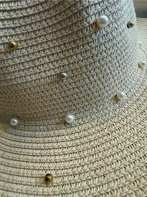 American Exchange Pearl & Gold-Studded Beige Straw Sun Hat thumbnail 5