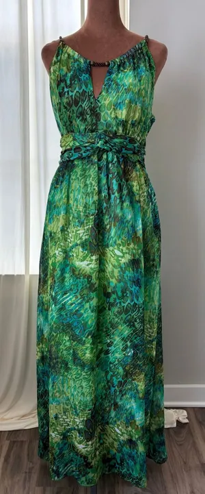 90s Vintage Sheri Martin‎ New York Green Tropical Print Chiffon Maxi Dress 10 thumbnail 1