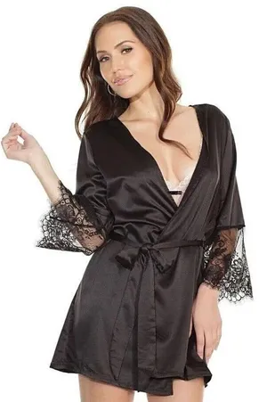 Coquette Womens Short Satin Black Robe with Eyelash Lace Sleeves One Size thumbnail 1