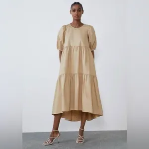ZARA Asymmetric Puff Sleeve Tiered Cotton Poplin Midi Dress‎ in Camel Size XS thumbnail 10