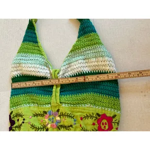 Boho Chic green crochet floral embroider halter cotton dress high low skirt sz S thumbnail 8