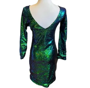 Green Multicolor Sequin Long Sleeve Dress Mini Disco Holiday Party S Vneck Back thumbnail 4