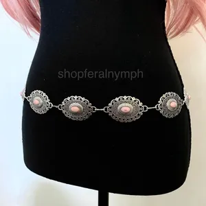 Silver Y2K Smudged Pink Stone Western Chain Belt, Fits 28-38 Inches, X7GA1379 thumbnail 2