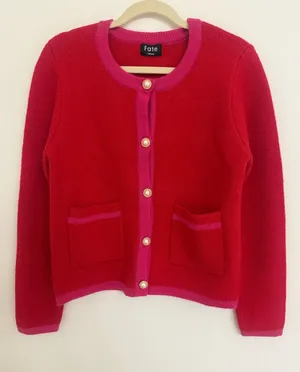 Fate Red and Hot Pink Knit Cardigan with Pearl Buttons Women’s Size medium thumbnail 1