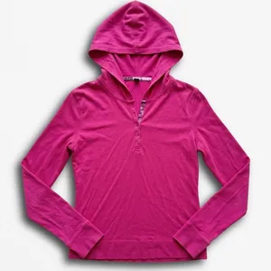 Moda International Womens Medium Magenta Pink Henley Hoodie‎ Long Sleeve Top thumbnail 1
