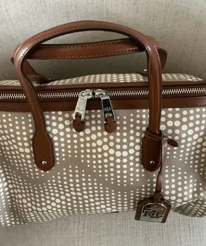 Ralph Lauren beige grey and brown polka dot leather satchel handbag footed thumbnail 1