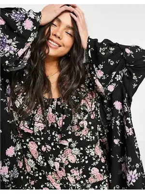 Nwt Free People Loretta Printed Tunic Floral Printed Blouse Black Combo - M thumbnail 4