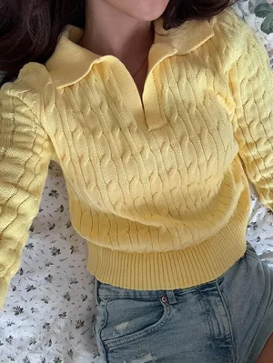 Lemon yellow chunky knit polo shirt, short-sleeved retro collared top, relaxed and loose-fitting sweater for summer and autumn. thumbnail 1